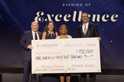 Advisors Excel Co-Founders Cody Foster (far left) and David Callanan (far right) present check to Folds of Honor Speakers Bureau member Wesley Bauguess and Keara Lecky, Folds of Honor scholarship recipient. Bauguess retired from the army in 2004. Her husband Army Major Larry J. Bauguess lost his life while serving in 2007. Their daughters are both scholarship beneficiaries. Lecky is a junior at the University of Houston majoring in Kinesiology. She hopes to become an Optometrist.