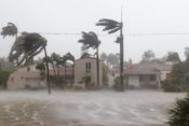 Hurricane winds batter homes.