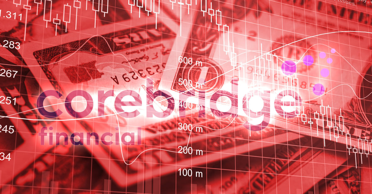 Image of red-colored cash with the graph lines and the word "Corebridge" overlaying.