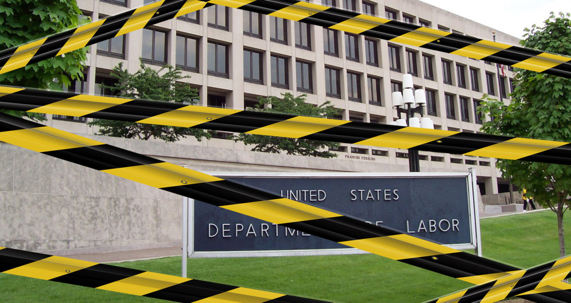 Image of Department of Labor Building with caution tape surrounding it.