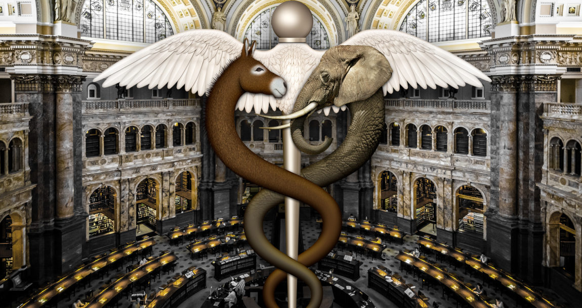 Image of a caduceus with a donkey-headed snake and an elephant-headed snake wrapped around, situated in the middle of the congressional chamber.