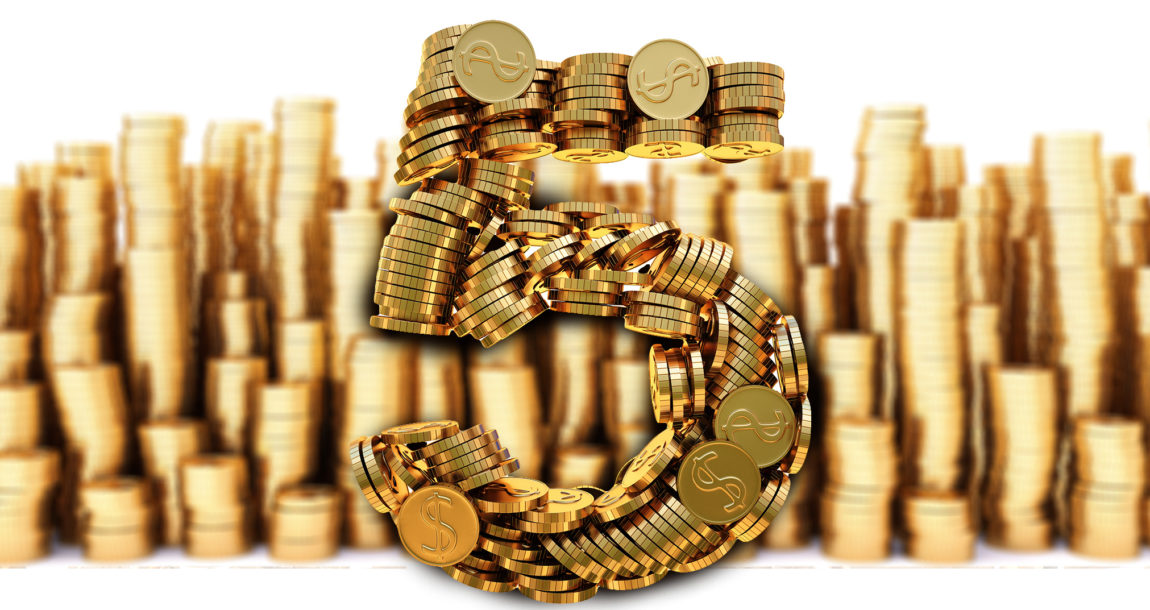 Image of the numeral 5 made from gold coins, with stacks of gold coins in the background.