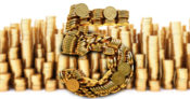 Image of the numeral 5 made from gold coins, with stacks of gold coins in the background.