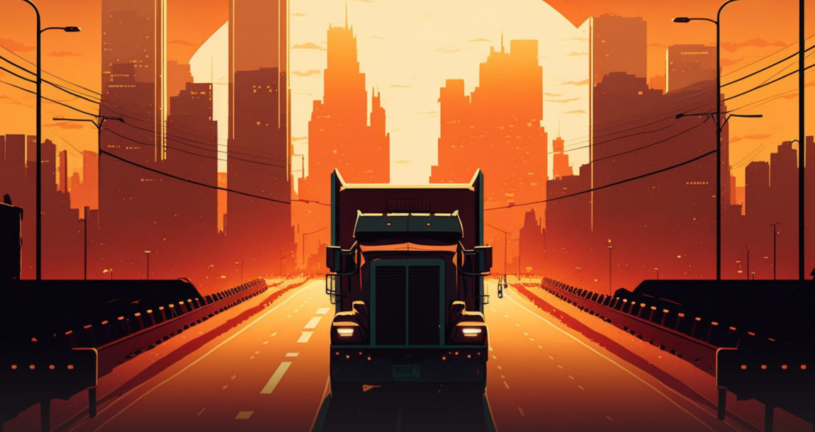 Large truck driving toward the viewer with a city and sunset behind it