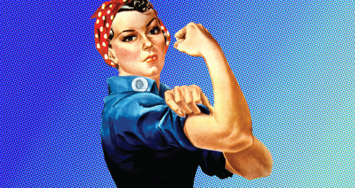 Rosie the Riveter pulling up her sleeves.