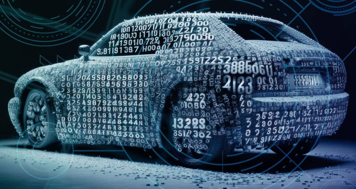 Car made up of numbers, appearing as a digital image.