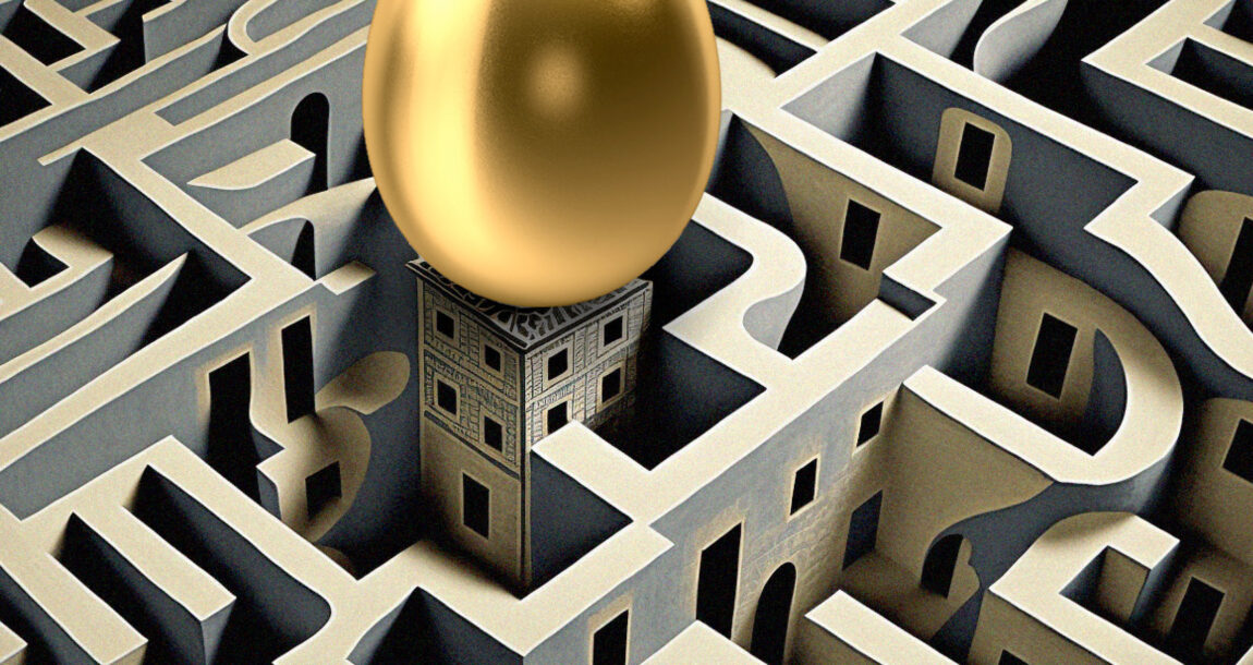 golden nest egg atop a spiraling maze in the style of MC Escher