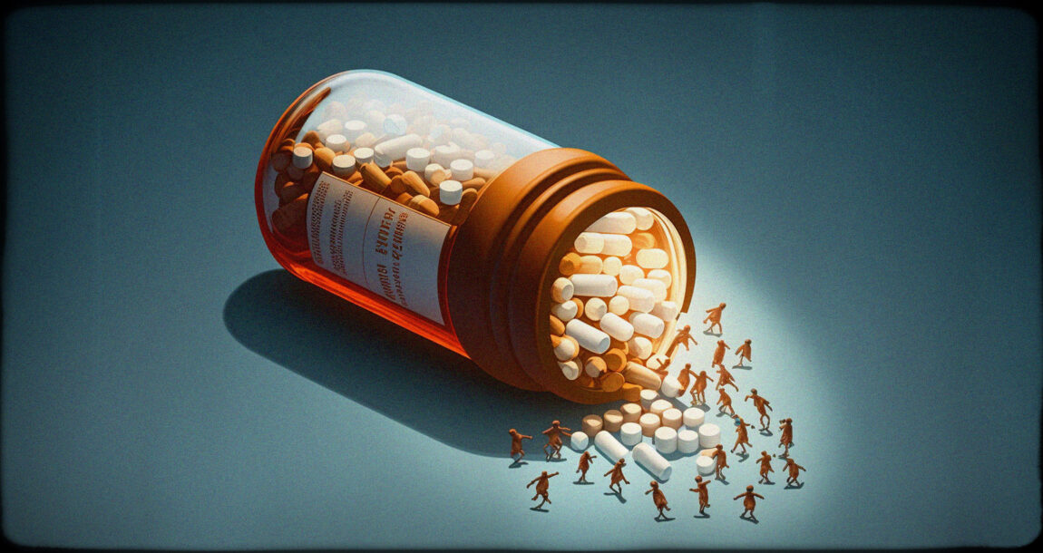 Image of giant drug bottle, with large pills spilling out and tiny figures running toward the pills.