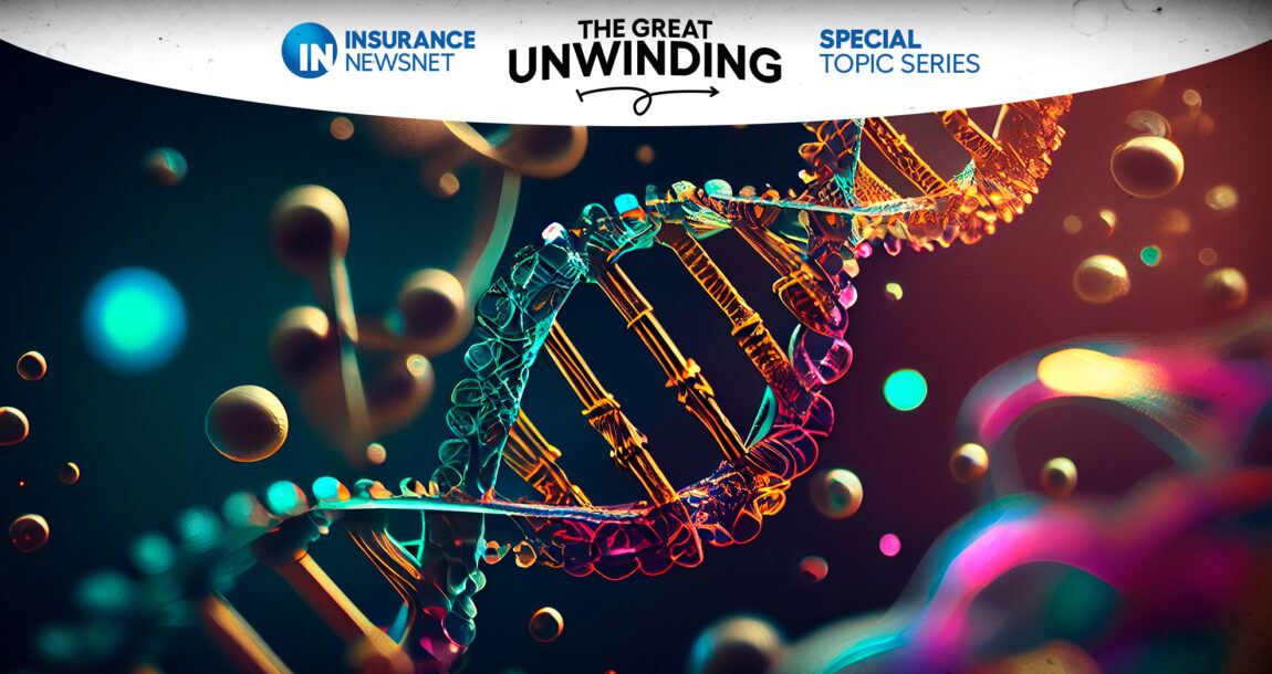 Image of DNA strands before an abstract background of small, brightly color spheres and circles.