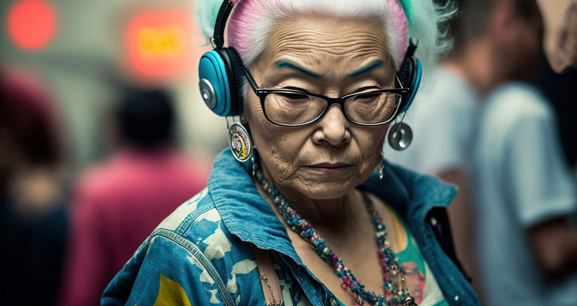 Older Asian woman with colorful hair and jewelry listening to music on headphones