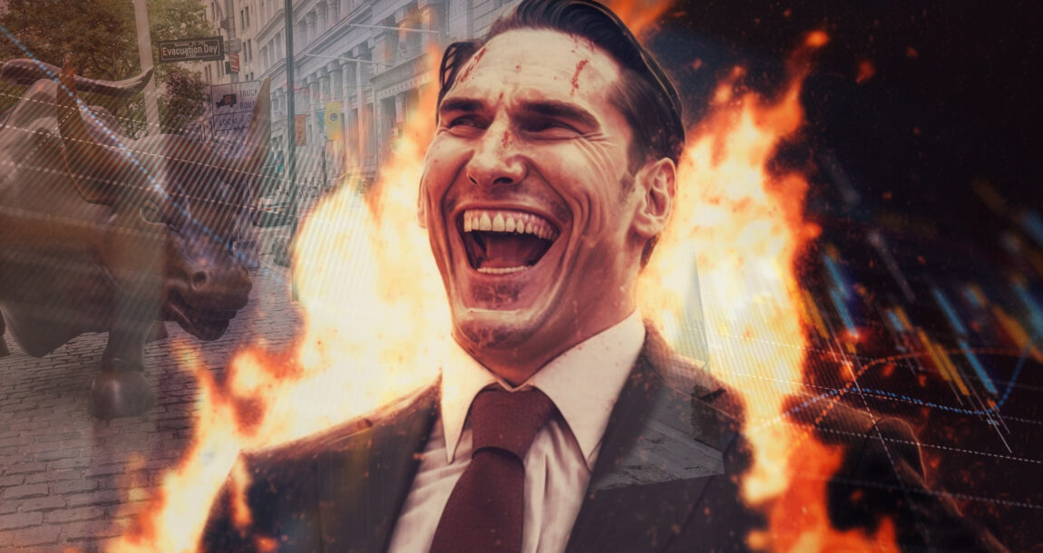 Image of devilsh-looking man in suit standing before an office building with flames behind him.