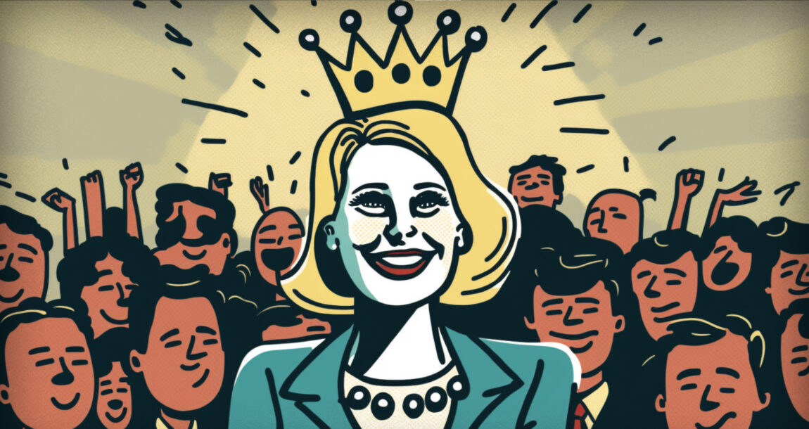 Picture of a woman financial planner wearing a crown in front of a cheering crowd