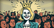 Picture of a woman financial planner wearing a crown in front of a cheering crowd