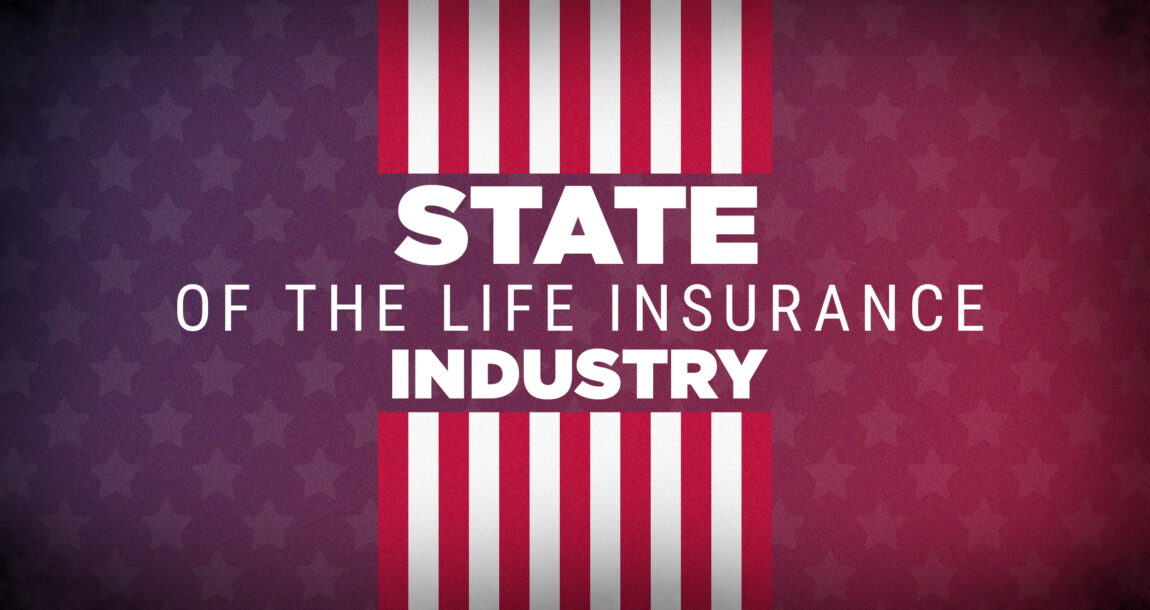 Illustration showing the words "State of the Life Insurance Industry" with the stripes of the American flag in the background.