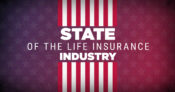 Illustration showing the words "State of the Life Insurance Industry" with the stripes of the American flag in the background.