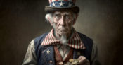 Image of Uncle Sam looking tattered and bleak, holding coins in his hand.