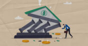 Illustration of bank building structure tumbling with money and coins littering the landscape.