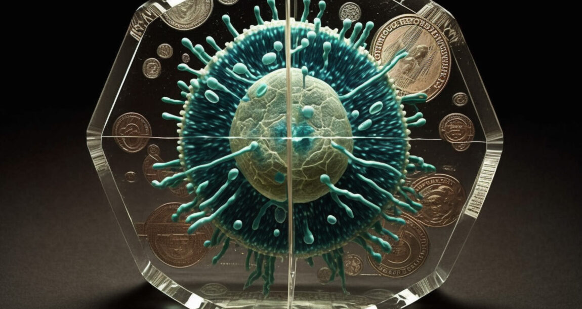 Image portraying financial planning crystalized with money and a coronavirus cell in the middle