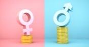 Image showing symbols for male and female, with the male symbol sitting on a taller stack of coins.