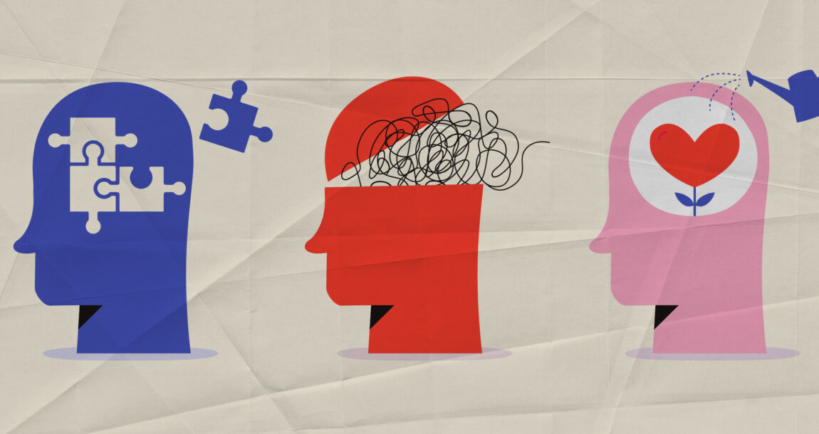 Image showing silhouette of three head shapes, with top open and some squiggly lines apparent inside the head, one with puzzle pieces, a second with squiggly lines and a third with a plant being watered.