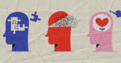 Image showing silhouette of three head shapes, with top open and some squiggly lines apparent inside the head, one with puzzle pieces, a second with squiggly lines and a third with a plant being watered.