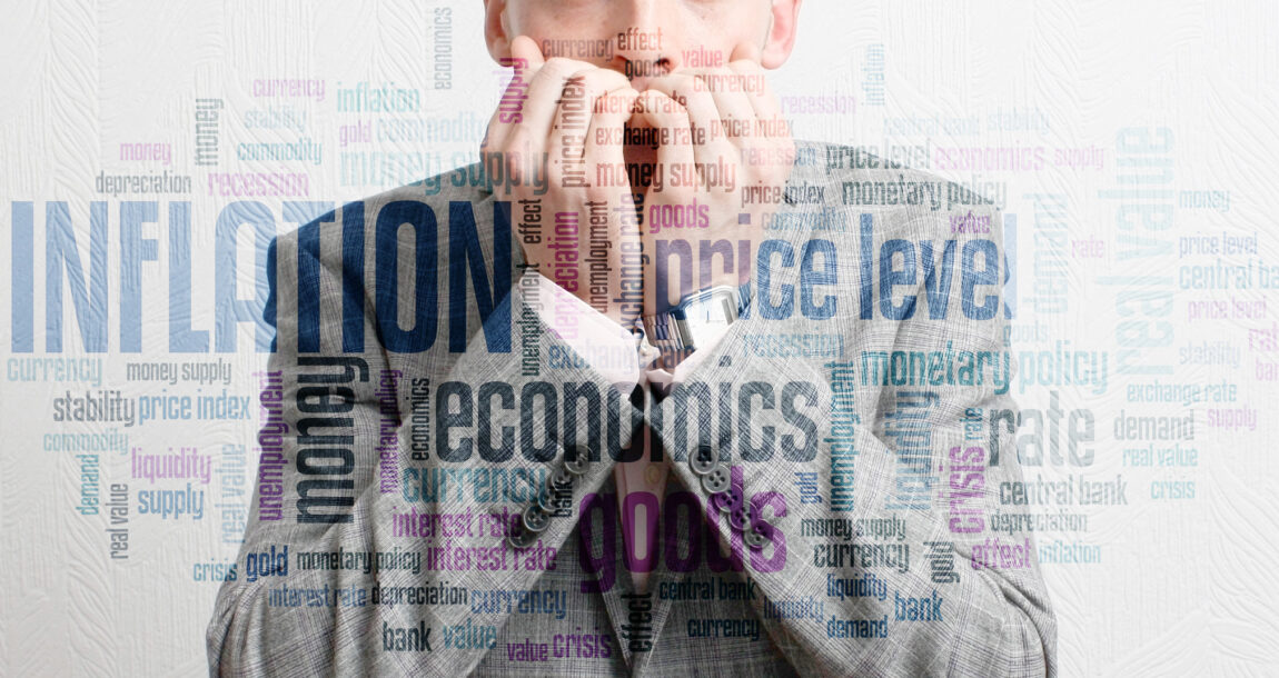 Image of man appearing very nervous with many words relating to economic woes, such as inflation. overlaying his image. Tax return anxiety adding to banking customer jitters, says J.D. Power survey