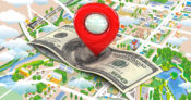 Image showing a locator icon on a $100 bill situated on a map.