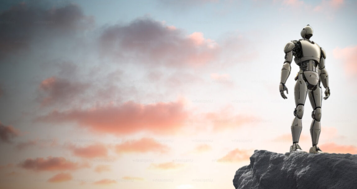 A robot standing on a mountaintop.