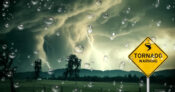 Illustration a dark sky with storm conditions and a Tornado Warning sign.