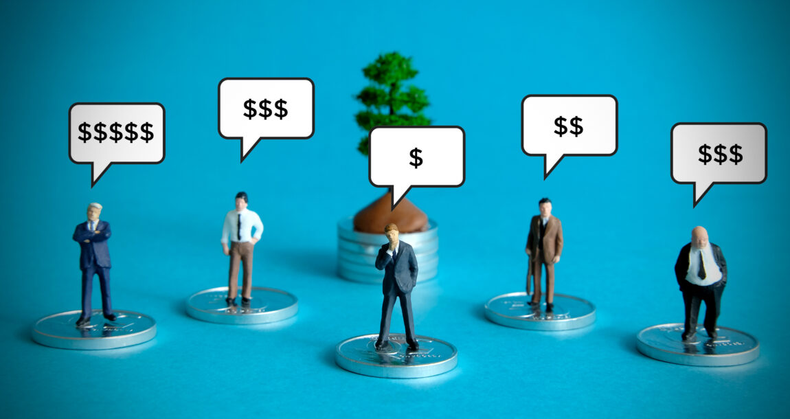 Image of figurines with varying numbers of dollar signs in thought bubbles. Studies look at how consumers value life insurance – or don't.