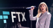 Image shows Taylor Swift in front of an FTX sign.