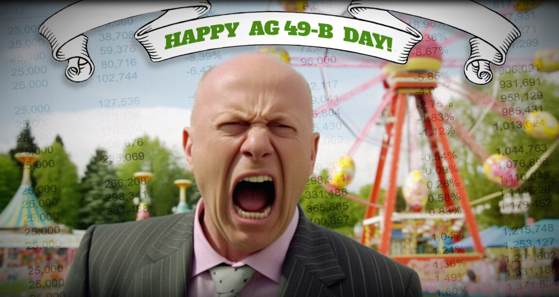 Image of a man shouting "Happy AG 49-B Day!" Will AG 49-B be a May Day or meh day for IUL illustrations?