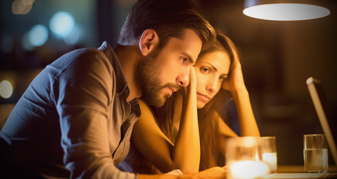 Image of a young couple looking concerned while studying documents. Young people buying insurance worry about wrong risk, survey finds.
