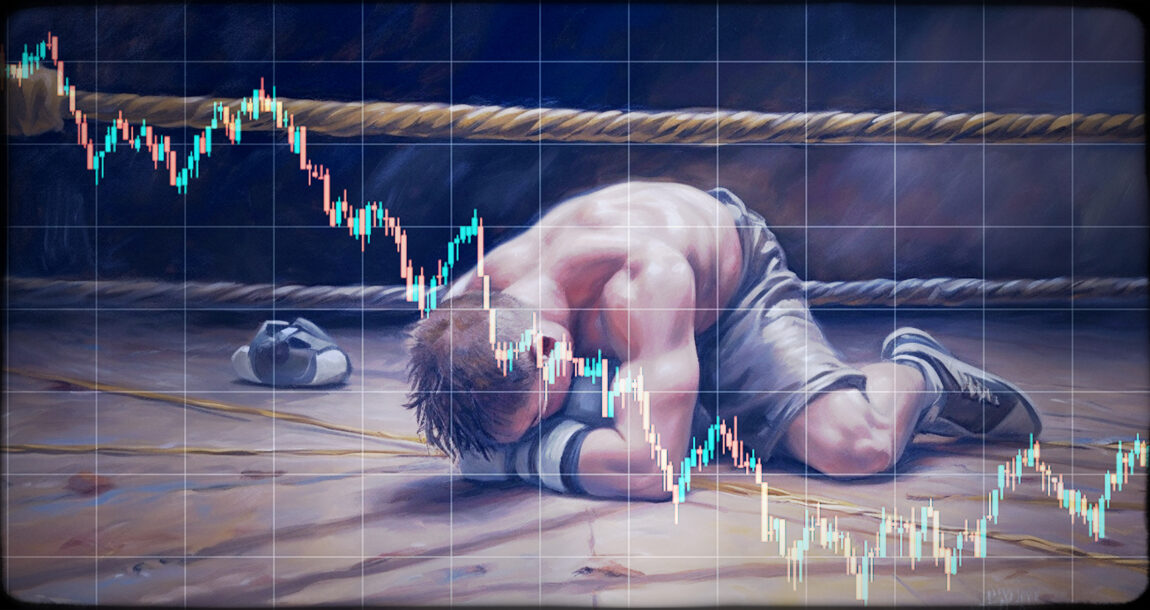 Image showing a downed boxer on the canvas struggling to get back up, with a downward fever graph superimposed in front of him. Variable annuity sales on the ropes, but LIMRA forecasts mild rebound.