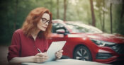 Image of woman looking over a details on a piece of paper with a car parked in the background. Inflation, pandemic spur change in property and casualty insurance shopping, study finds.