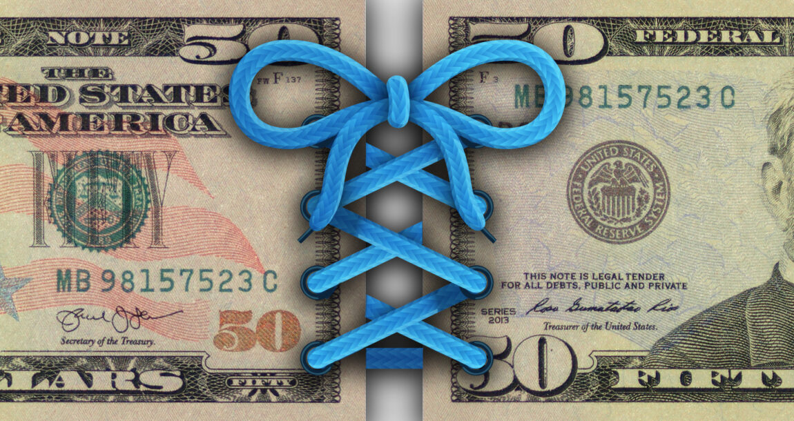 Image of a $50 bill with a shoelace added. 9 ways financial advisors can market on a shoestring.