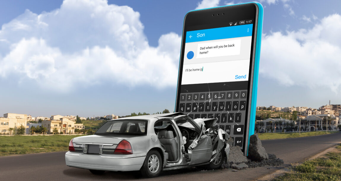 Image of a car smashed into a giant cell phone with texts on the screen. Distracted driving continues to spiral, with estimated costs in billions.