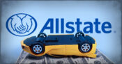 Image of a car turned upside down on top of cash, the Allstate logo in the background. Allstate earnings suffer $320M Q1 hit on inflation, claims costs.