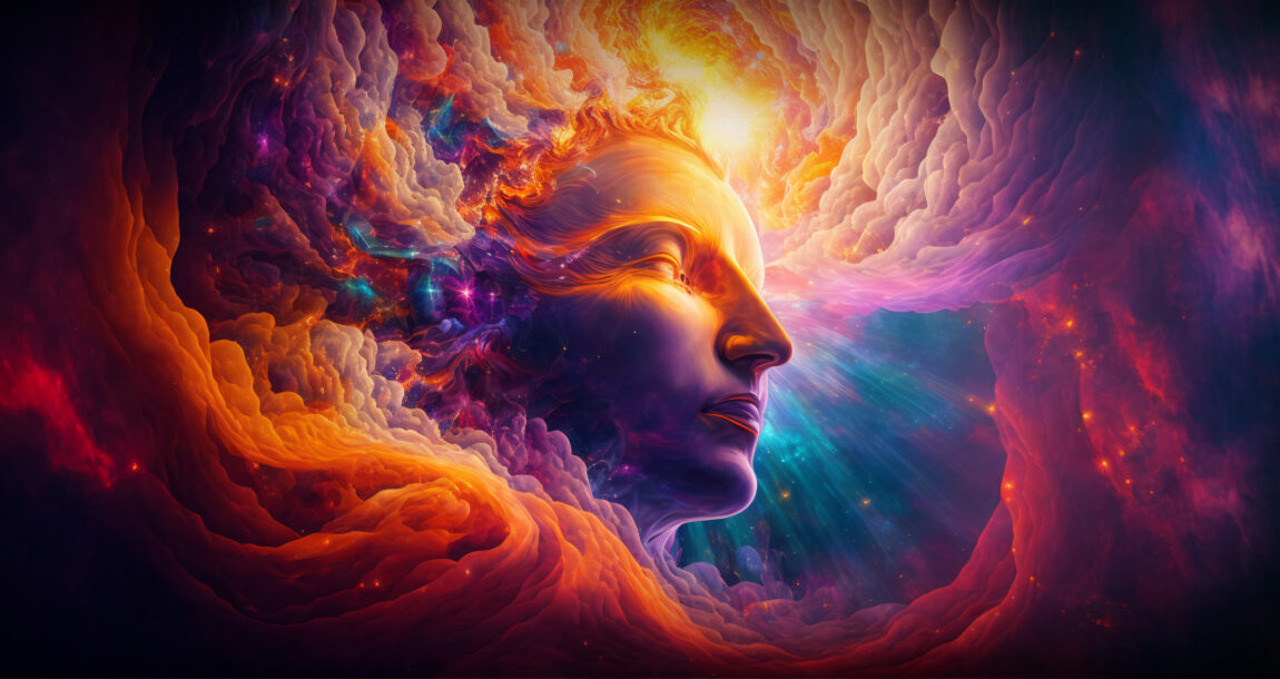 A figure of a human face swirling amongst a colorful galaxy