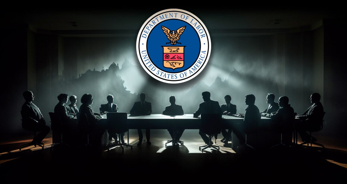 Photo shows the Department of Labor logo above a table of people sitting in the shadows.