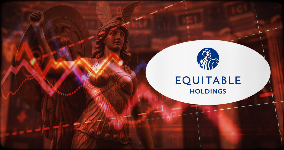 Image of Equitable Holdings logo superimposed over a downward fever graph. Equitable Holdings' earnings fall 22% in Q1, but remains strong in liquid assets.