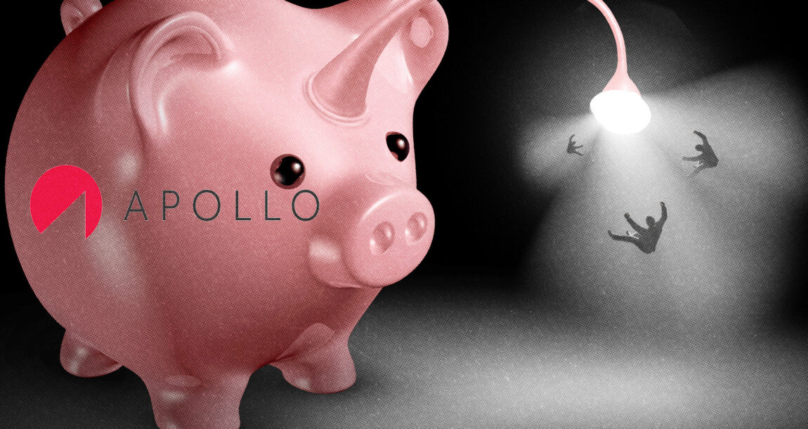 Image of piggy bank with the word "Apollo" on it, while tiny figures are being pulled toward an adjacent light. Apollo expects to pull wealthy investors into alternatives with new annuity, investment vehicle.