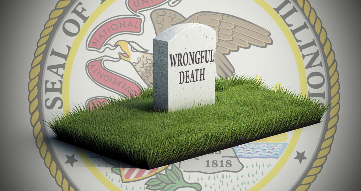 Photo shows an image of a gravestone and grass superimposed on the State of Illinois seal.