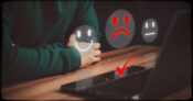Image of person sitting with images of a smiley face, unhappy face and neutral face in front of him, with the unhappy face highlighted. Study: Investor satisfaction with advisors falls along with markets.