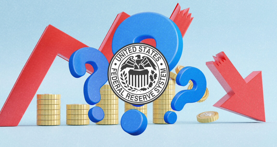 Federal Reserve logo overlapping stacks of coins with an upward fever arrow. There is a break in the upward line with question marks overlapping the break. As inflation cools, some say Feds may end rate hikes – for now.