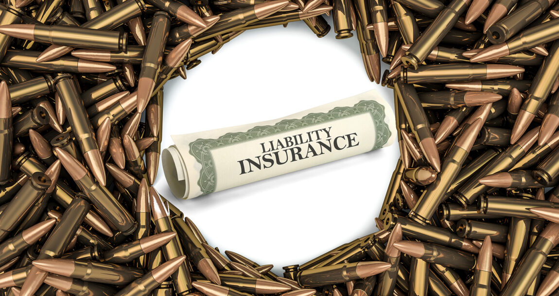 Image of a liability insurance policy surrounded by bullets. Could solving the tragic issue of gun-related deaths lie with the insurance industry?