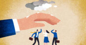 Illustration of a giant hand shielding small figures dressed in business attire from the rain. Majority of Medicaid recipients will transition to employer coverage, study shows.