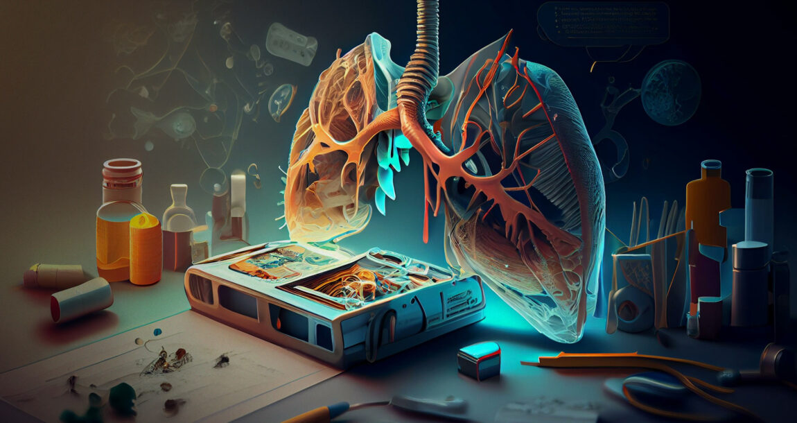 Photo shows a rendering of a chest cavity with a testing machine in front of it.