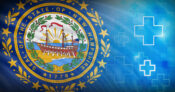 Image of the seal of New Hampsire with health symbols superimposed above it. New Hampshire consumers saved millions using health transparency website.