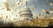 Image of the Capitol in Washington, D.C., with dollar bills blowing all around the building. Study: insufficient retirement savings could add $1.3 trillion government burden.